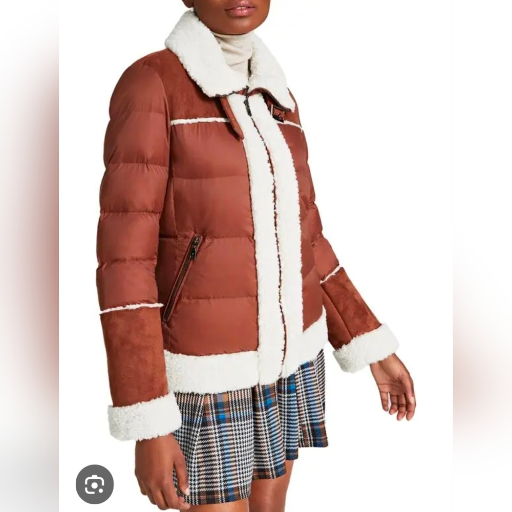Tahari Selena Faux Shearling Trim Jacket Brown Medium - Picture 1 of 11